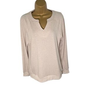 EADINVE Split Neck Pullover Long Sleeve Relaxed Fit Knit Top Beige S